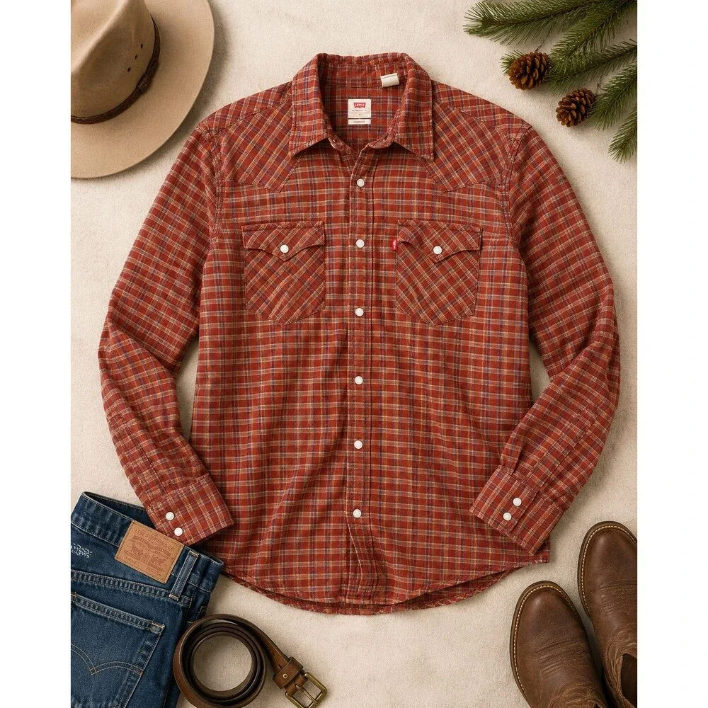Levi's Men's L Red Plaid Western Pearl Snap Long Sleeve Cotton Shirt
